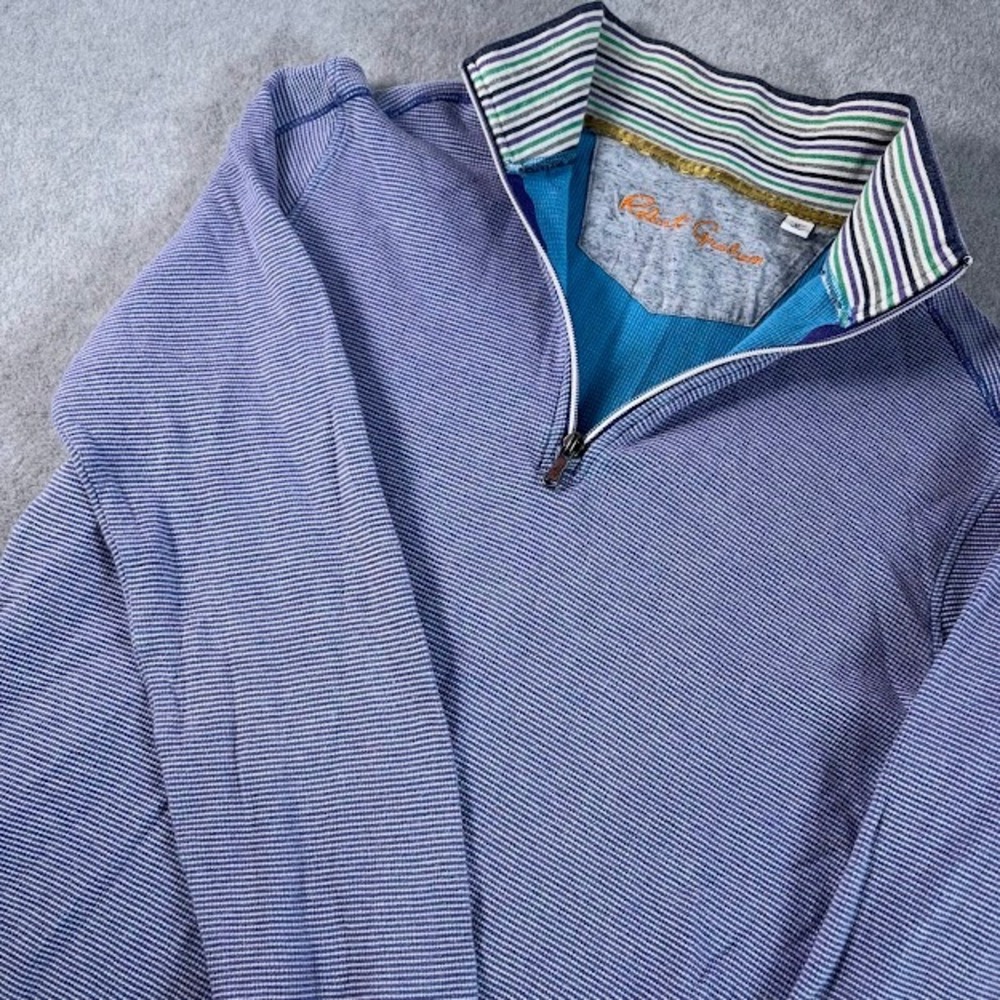 Robert Graham Quarter Zip Pullover Mens L Purple Striped Waffle Knit Mock Neck